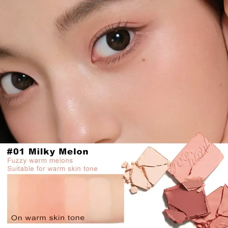 Judydoll - 4 Color Blush & Highlight Palette with #01 Milky Melon shade, ideal for warm skin tones.
