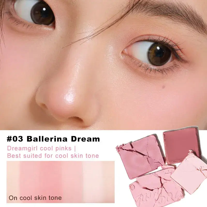 Judydoll - 4 Color Blush & Highlight Palette swatches with cool pink tones suitable for cool skin tones.