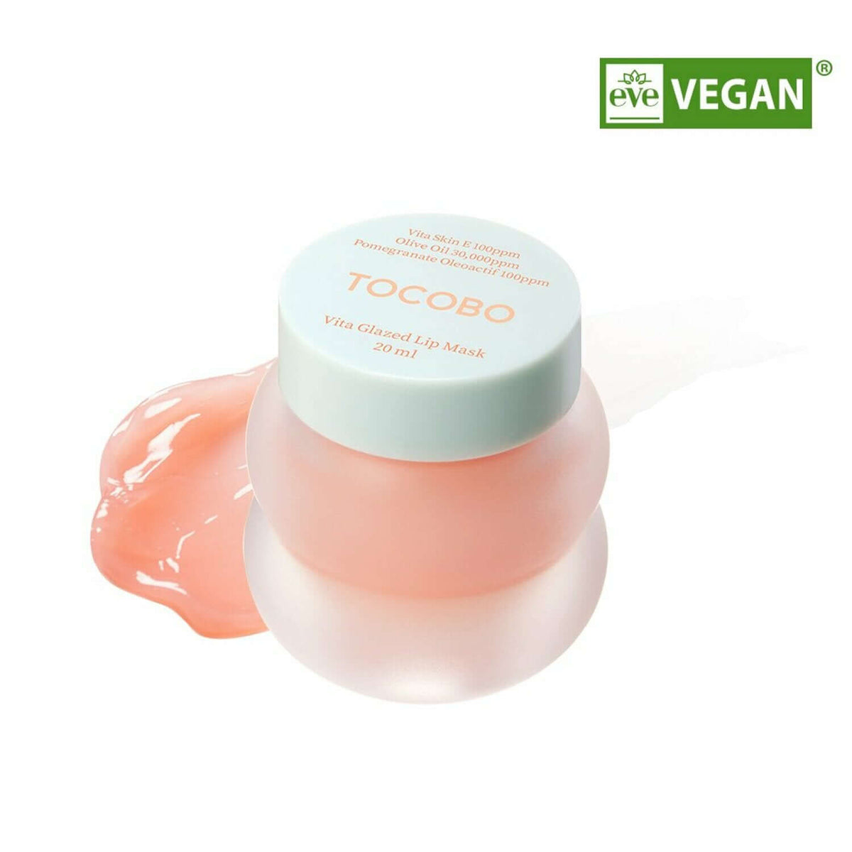 Tocobo Vita Glazed Lip Mask in jar with a vibrant pink mask on the side, highlighting vegan skincare benefits.