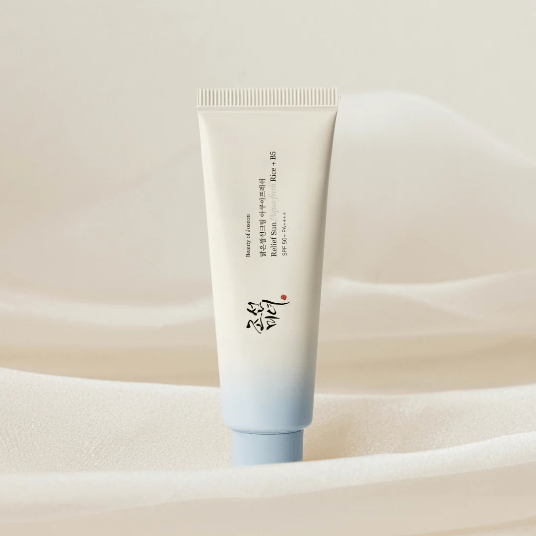 Beauty of Joseon Relief Sun Aqua-Fresh sunscreen tube with rice and B5 for hydration and UV protection.