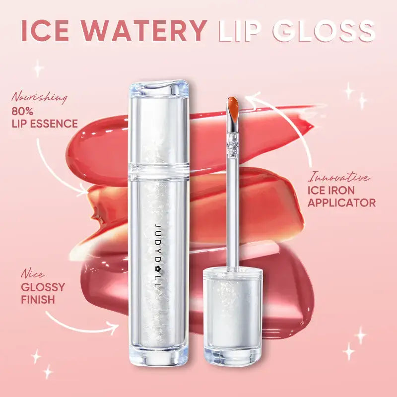 Judydoll Ice Watery Lip Gloss with ice iron applicator, showcasing glossy finish and vibrant shades on a pastel background.