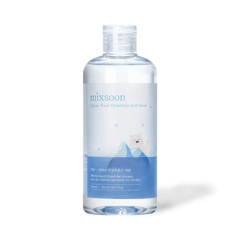 Mixsoon Ice Glacier Hyaluronic Acid Serum 300ml in a clear bottle, perfect for deep hydration and skin barrier protection.