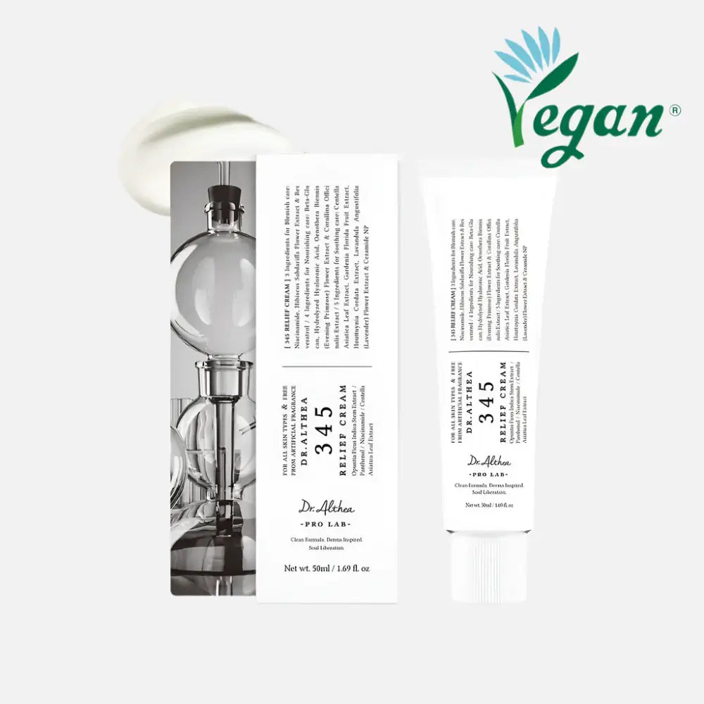 Dr.Althea 345 Relief Cream in packaging, lightweight gel for post-acne care and deep hydration, marked vegan.