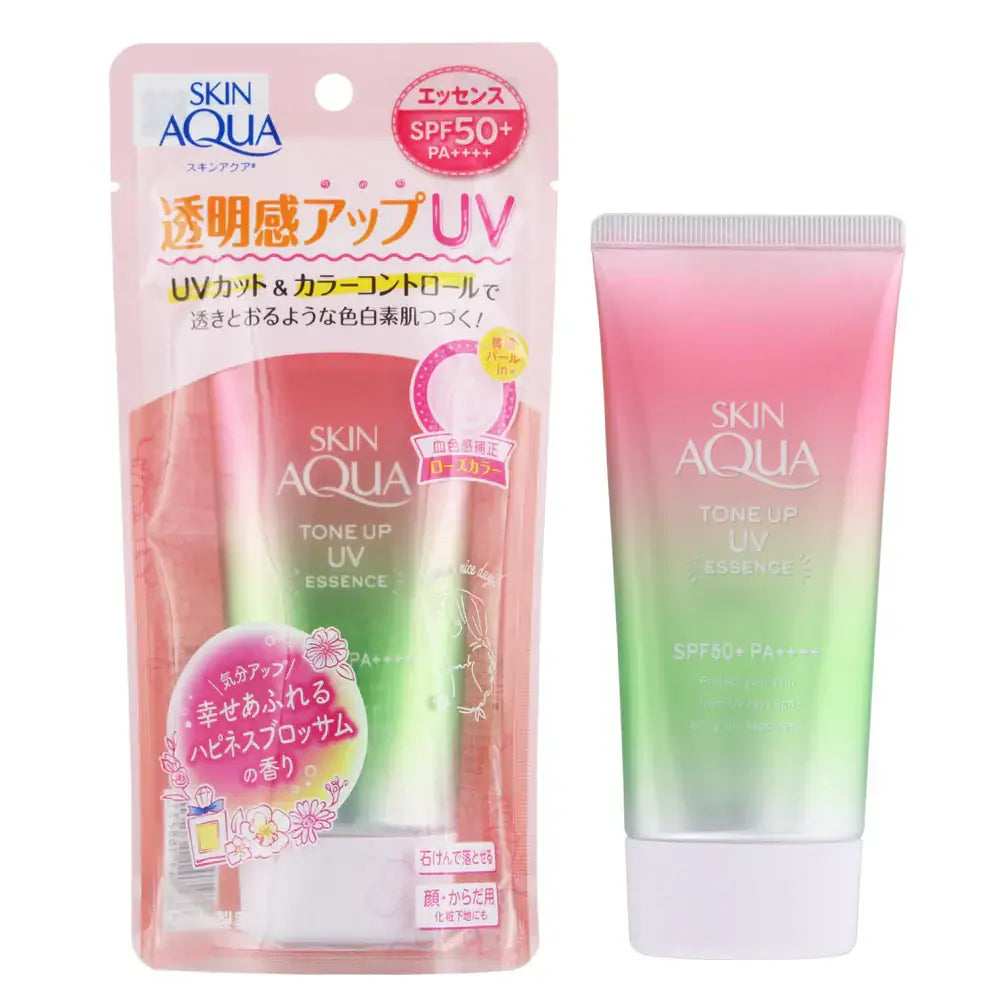 Rohto Skin Aqua Tone Up Essence SPF50+ PA++++ packaging, featuring lightweight color-correcting sunscreen in a tube.