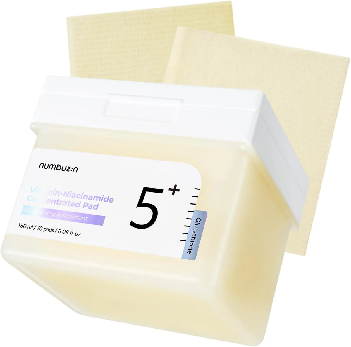 numbuzin No.5+ Vitamin-Niacinamide Concentrated Pad jar with two exfoliating pads for brightening skin tone
