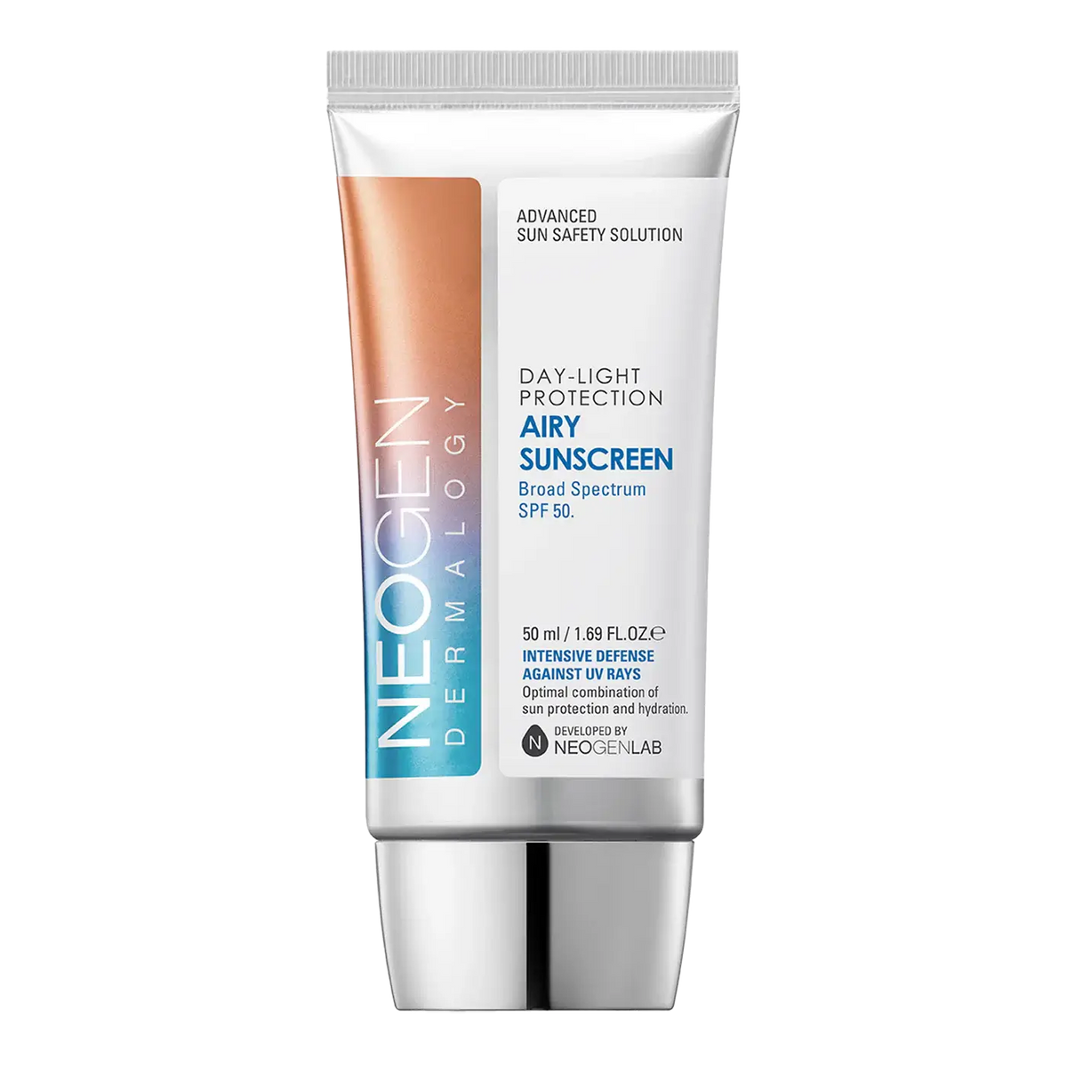 NEOGEN DERMALOGY Airy Sunscreen SPF50 in tube, fast-absorbing sunscreen with no white cast, enriched with plant extracts.