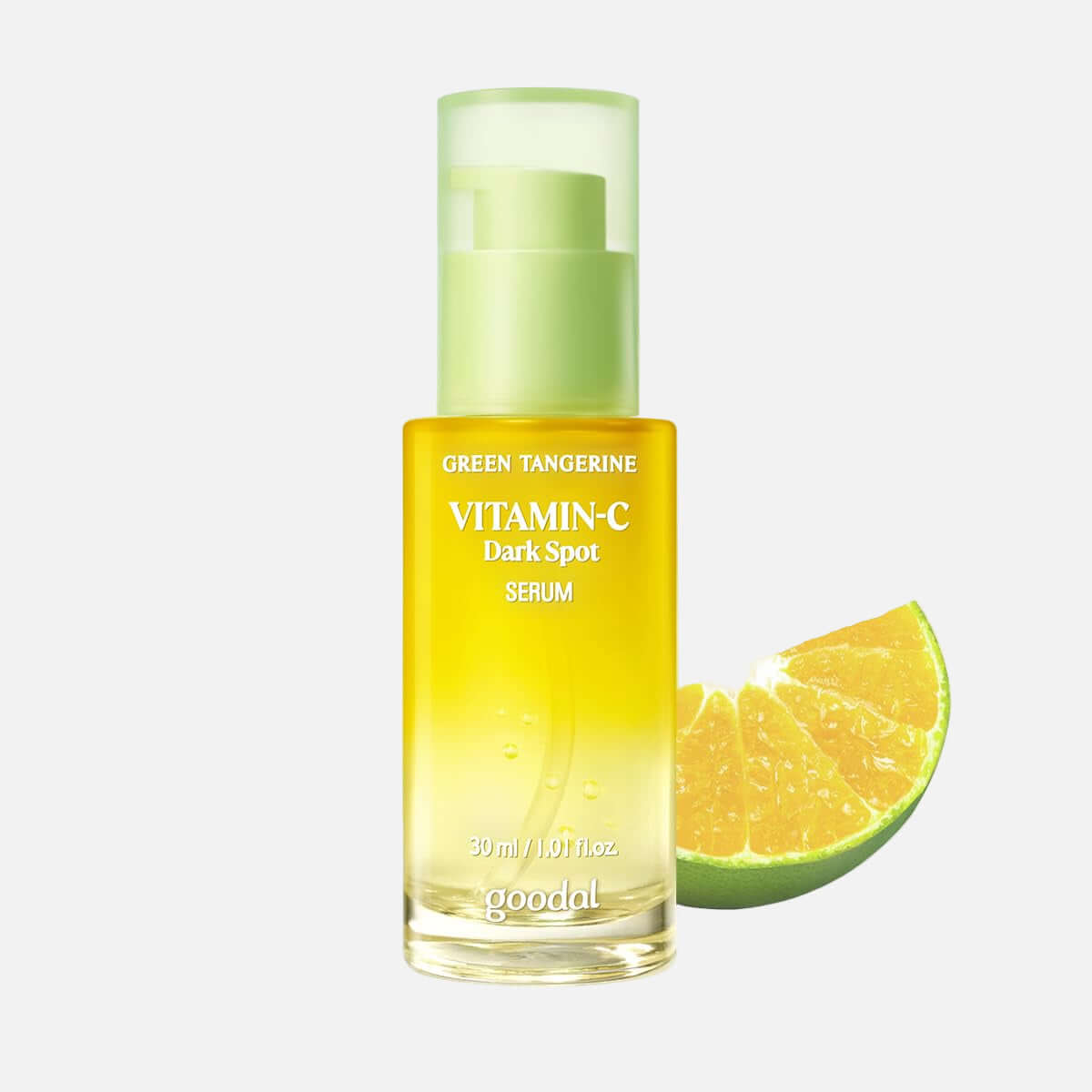 Goodal Green Tangerine Vita-C Dark Spot Care Serum with tangerine slice, targeting dark spots and hyperpigmentation.