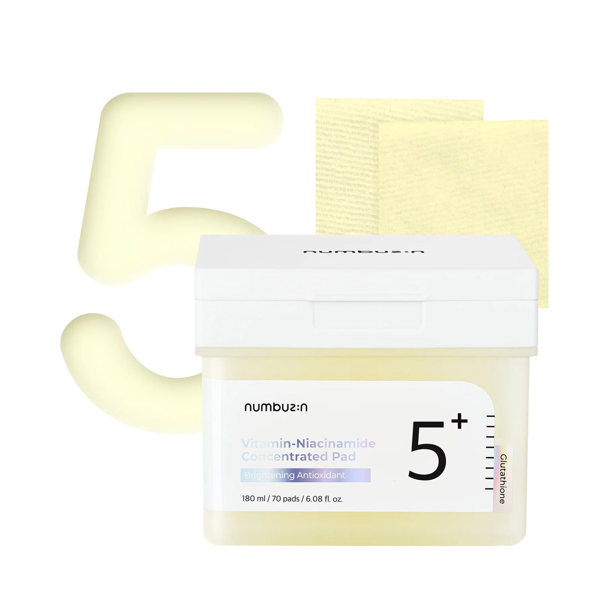 numbuzin No.5+ Vitamin-Niacinamide Concentrated Pad container with 70 brightening exfoliating pads, promoting clearer skin.