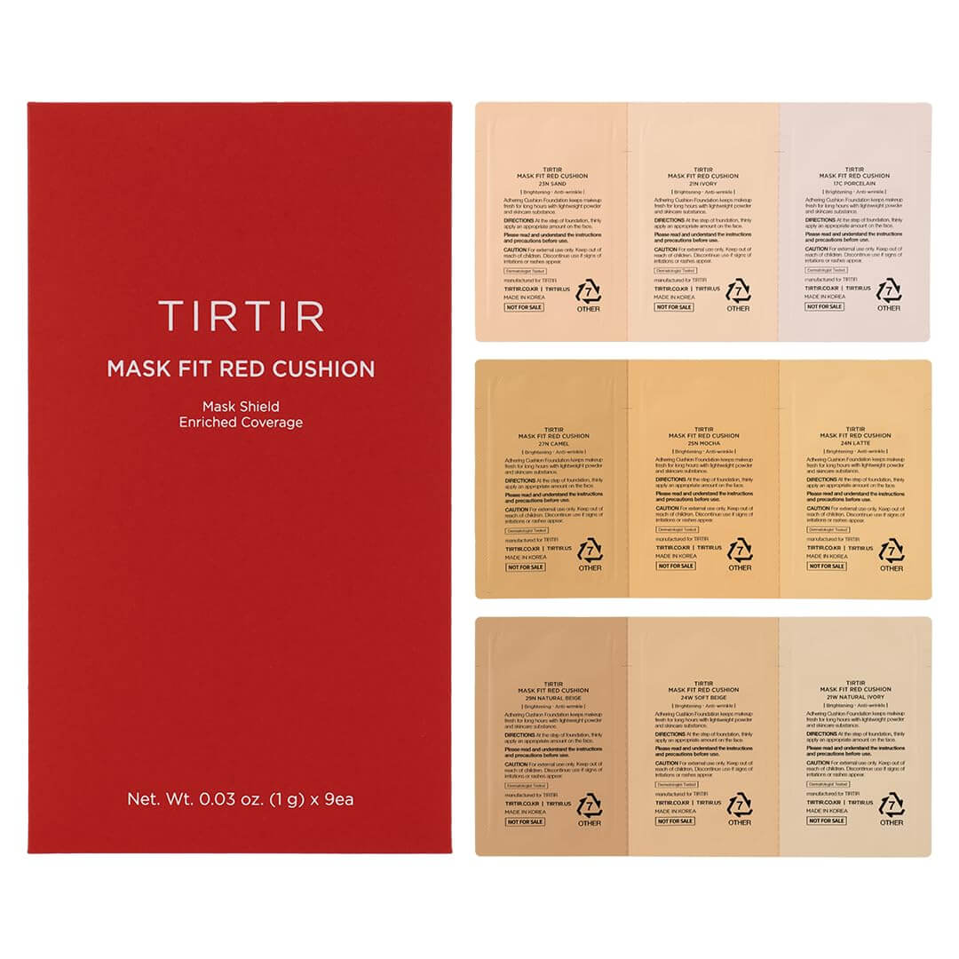 TIRTIR Mask Fit Red Cushion Trial Kit displaying enriched coverage foundation shades and product details.