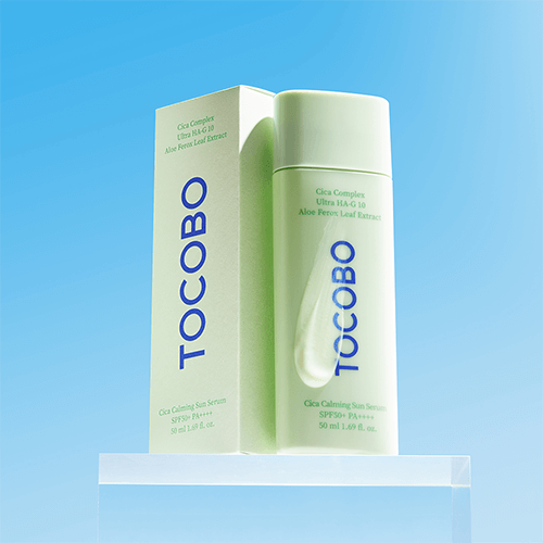TOCOBO Cica Calming Sun Serum SPF50+ PA++++ for soothing moisture with centella and hyaluronic acid, displayed with packaging.