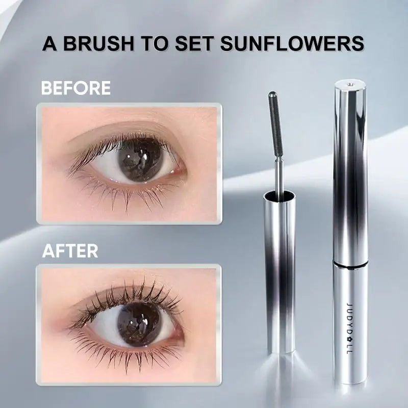 Judydoll 3D Curling Eyelash Iron Mascara before and after results showcasing defined, volumized lashes.