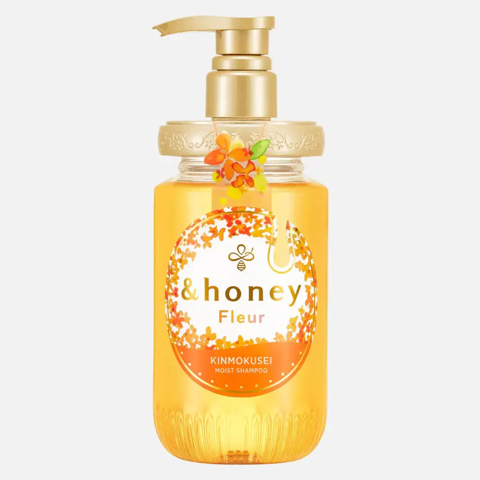 &honey Fleur Kinmokusei Moist Shampoo bottle with floral design for ultimate moisture and long-lasting fragrance.