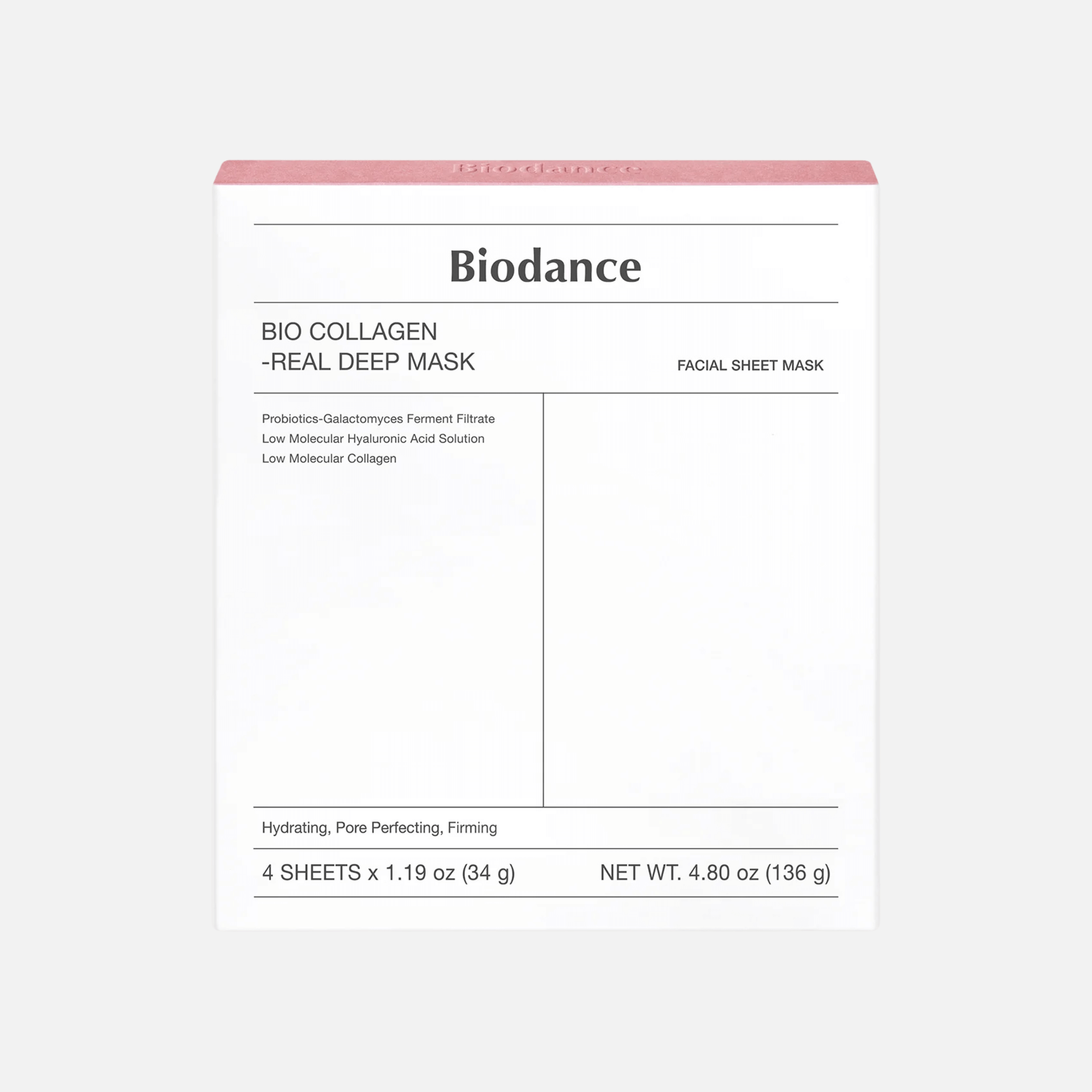 Biodance - Bio Collagen-Real Deep Mask (4PCS) facial sheet mask packaging, hydrating and firming features.