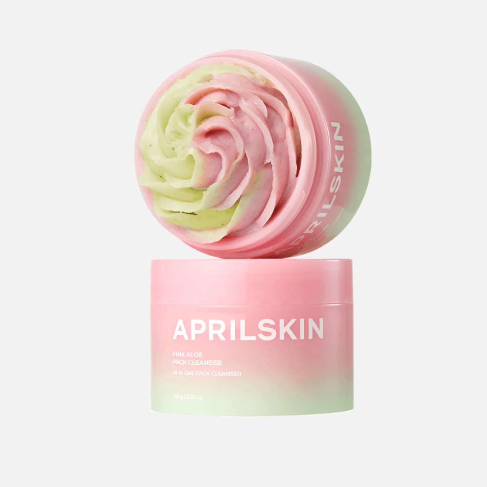 APRILSKIN Pink Aloe Pack Cleanser, a 4-in-1 foaming cleanser in a pink container, featuring swirled hydrating formula.