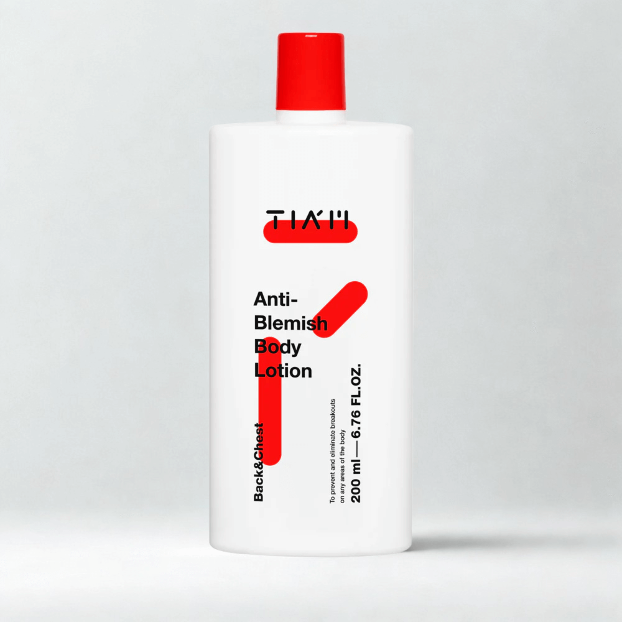 TIA'M Anti Blemish Body Lotion for back and chest, 200ml bottle, effective for breakouts and uneven skin texture.
