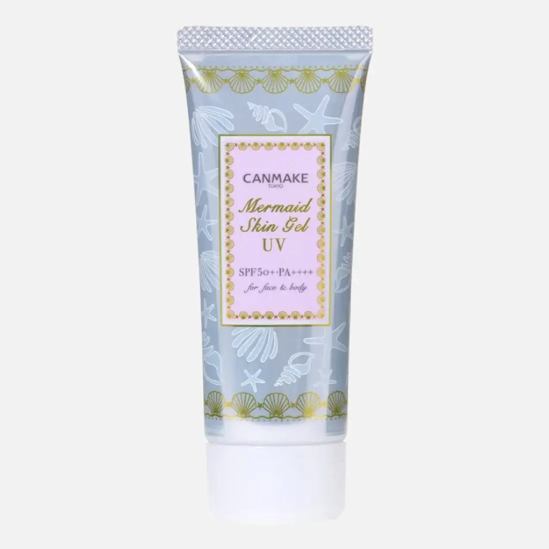 Canmake Mermaid Skin Gel UV Sunscreen SPF50+ PA++++ in a decorative tube, lightweight and hydrating sun protection.