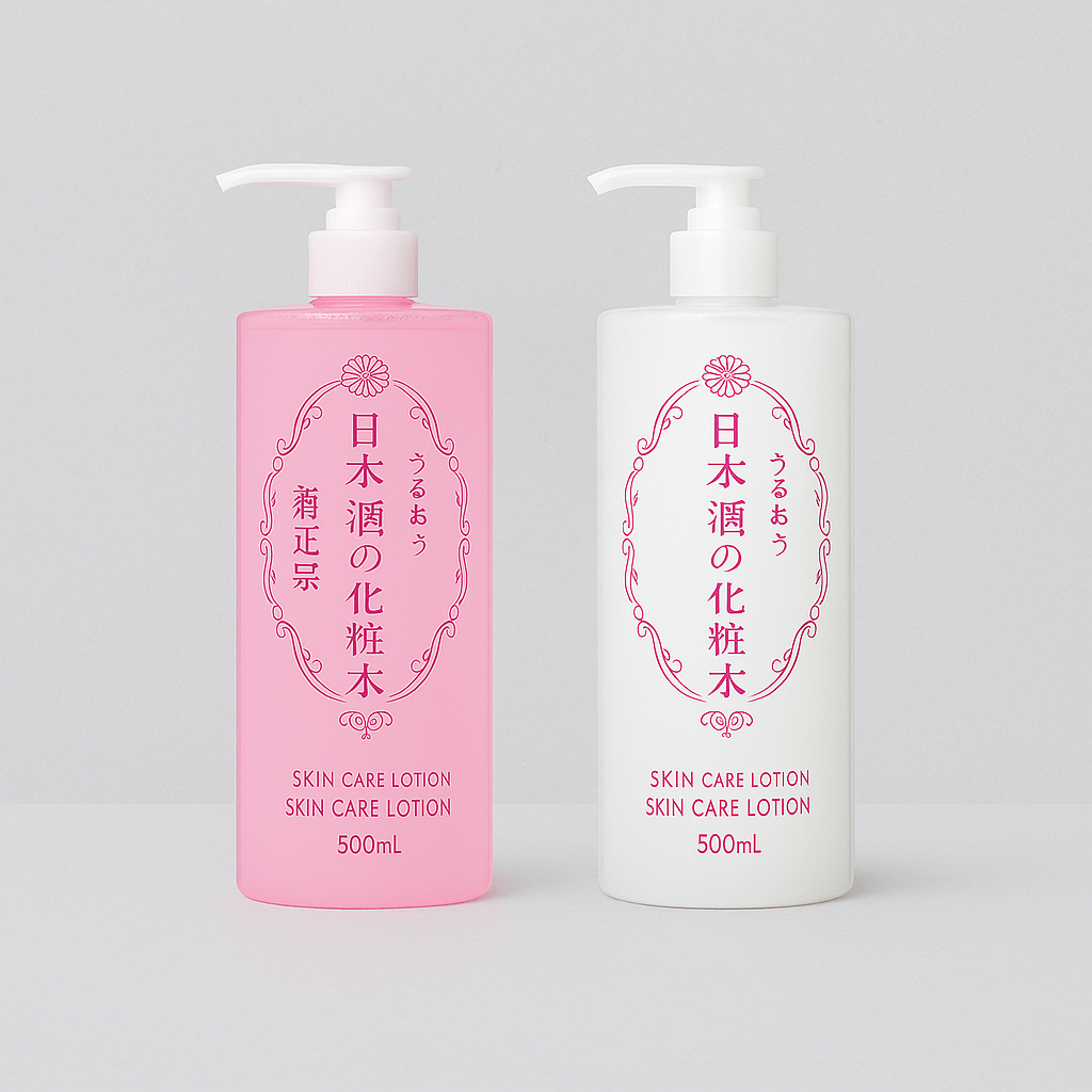 Kikumasamune 500ml skin care lotion bottles, pink and white, hydrating toner with sake and natural extracts.