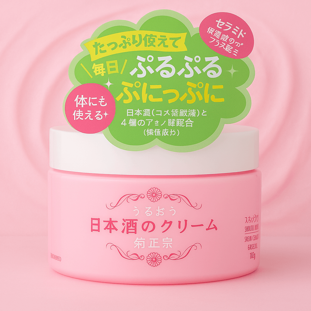 Kiku-Masamune Japanese Sake Cream jar with green and pink packaging, highlighting skin hydration and brightening benefits.