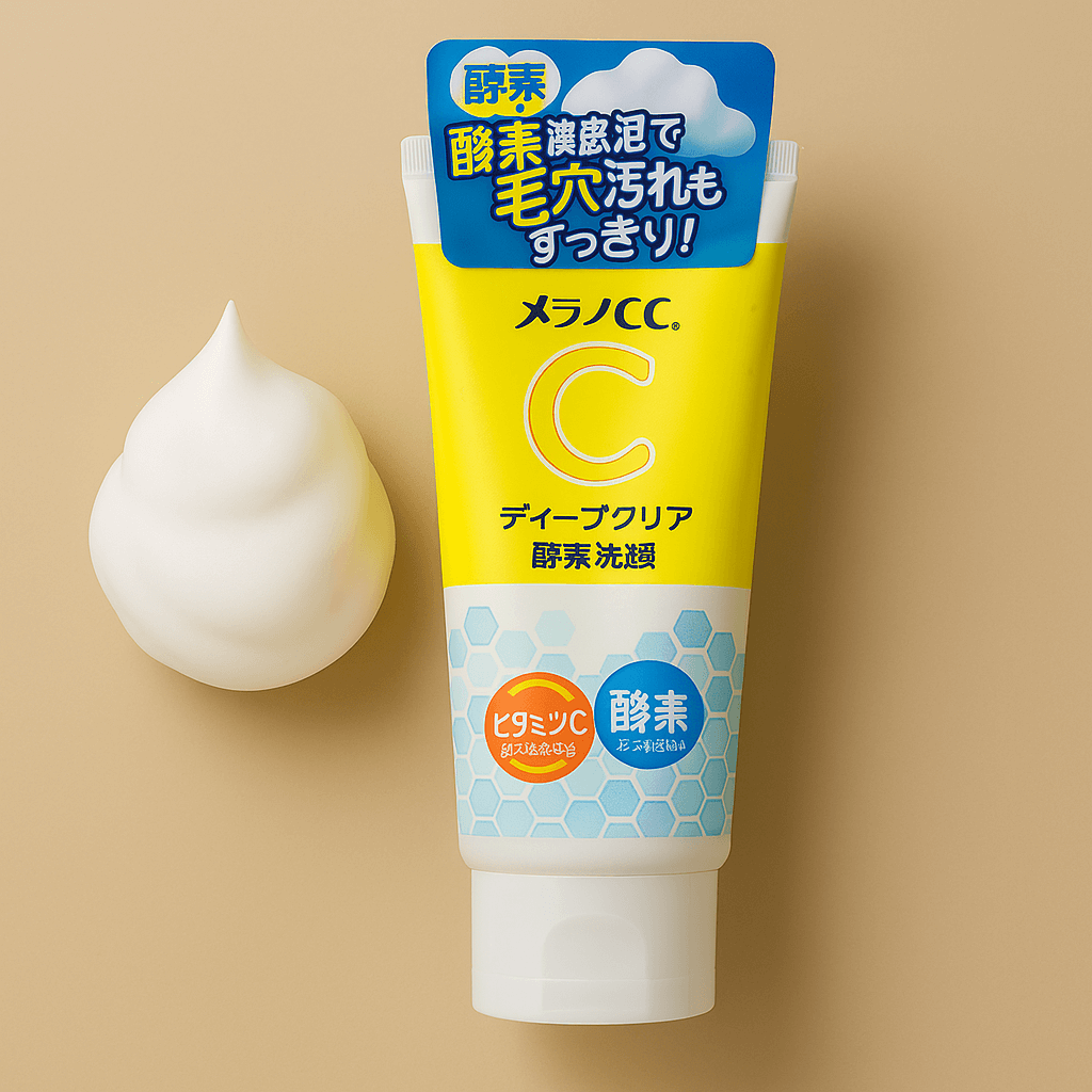 Rohto Mentholatum Melano CC Vitamin C Deep Clear Enzyme Face Wash tube with foam, effective daily facial cleanser.