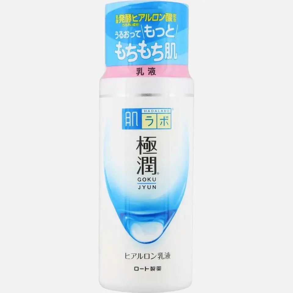 Hada Labo Gokujyun Hydrating Milk 140ml bottle with blue design for deep skin hydration and moisture retention.