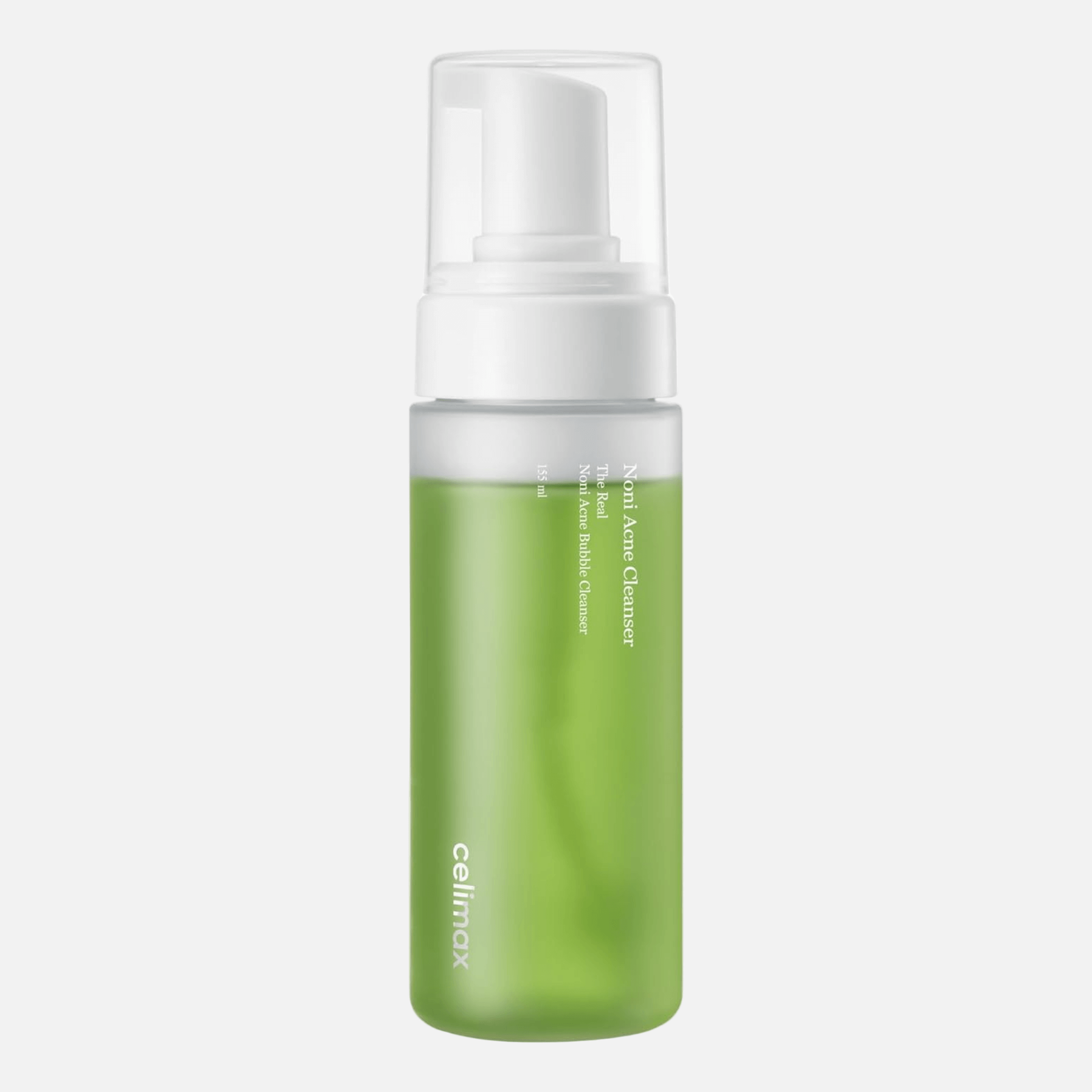 Celimax The Real Noni Acne Bubble Cleanser 155ml in a pump bottle with soothing bubbles for acne-prone skin.