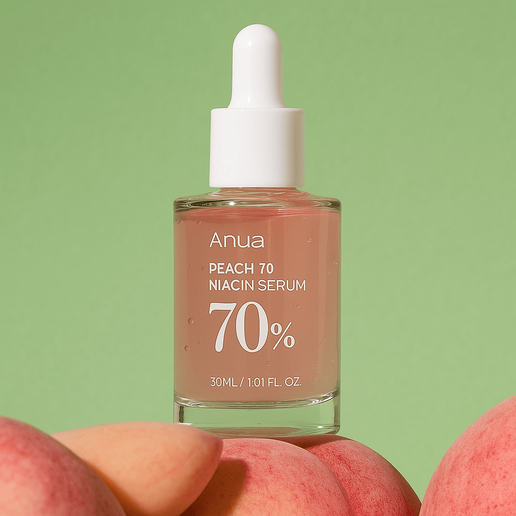 Anua Peach 70 Niacin Serum bottle on green background with peaches, promoting bright and healthy skin.