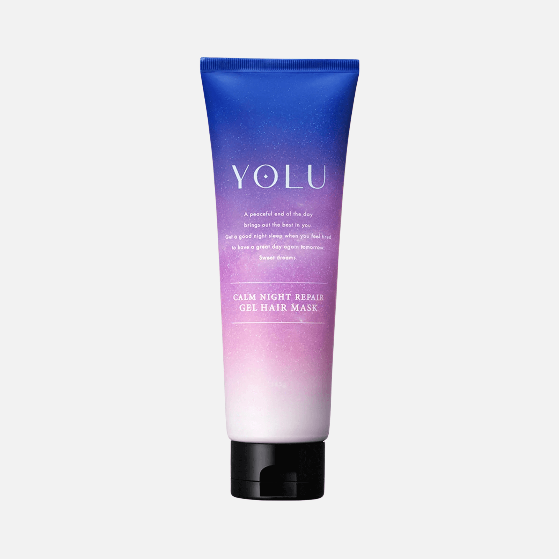 YOLU - Calm Night Repair Gel Hair Mask in a blue and pink ombre tube for overnight hair hydration and repair.