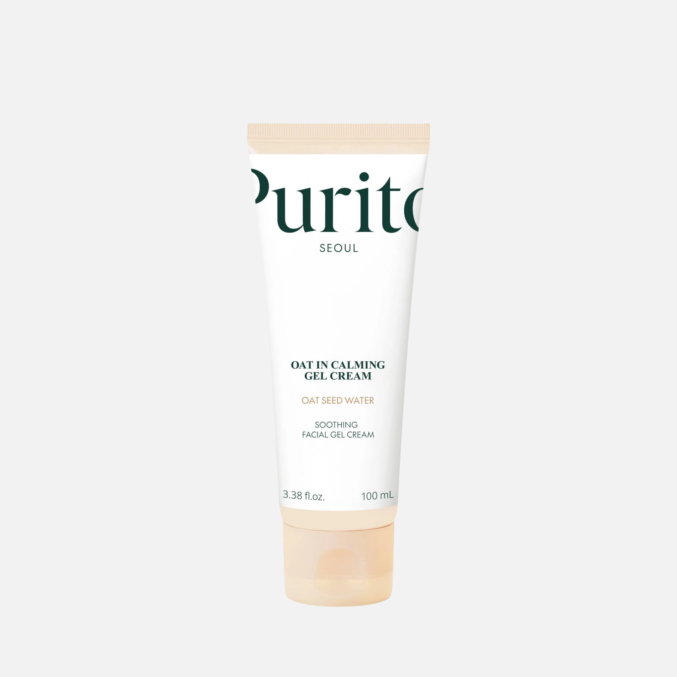 Purito Oat-in Calming Gel Cream 100ml tube with oat seed water, soothing skincare for oily and sensitive skin.