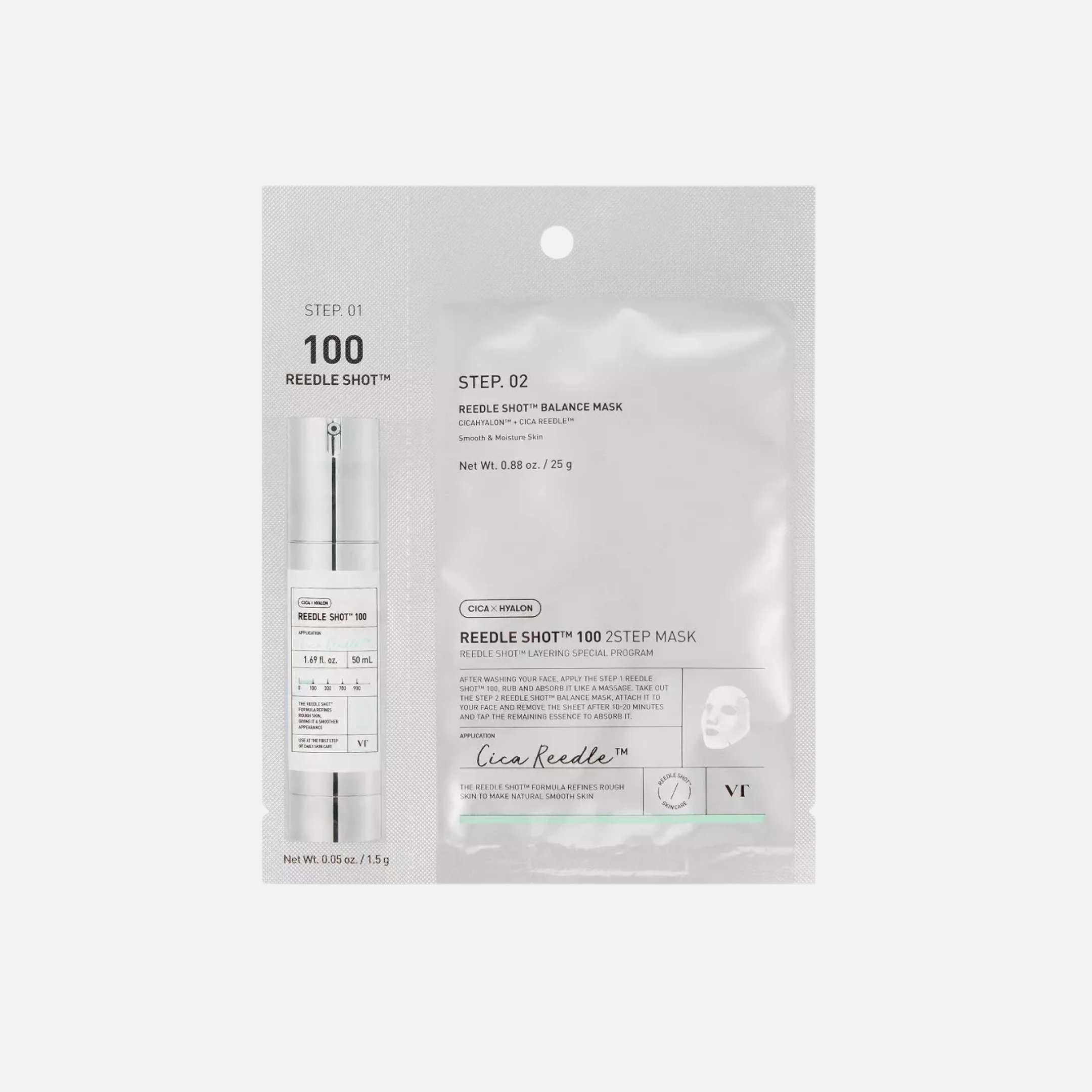 VT - Reedle Shot 100 2 Step Mask (1PC) packaging featuring Step 1 and Step 2 components for skin improvement.