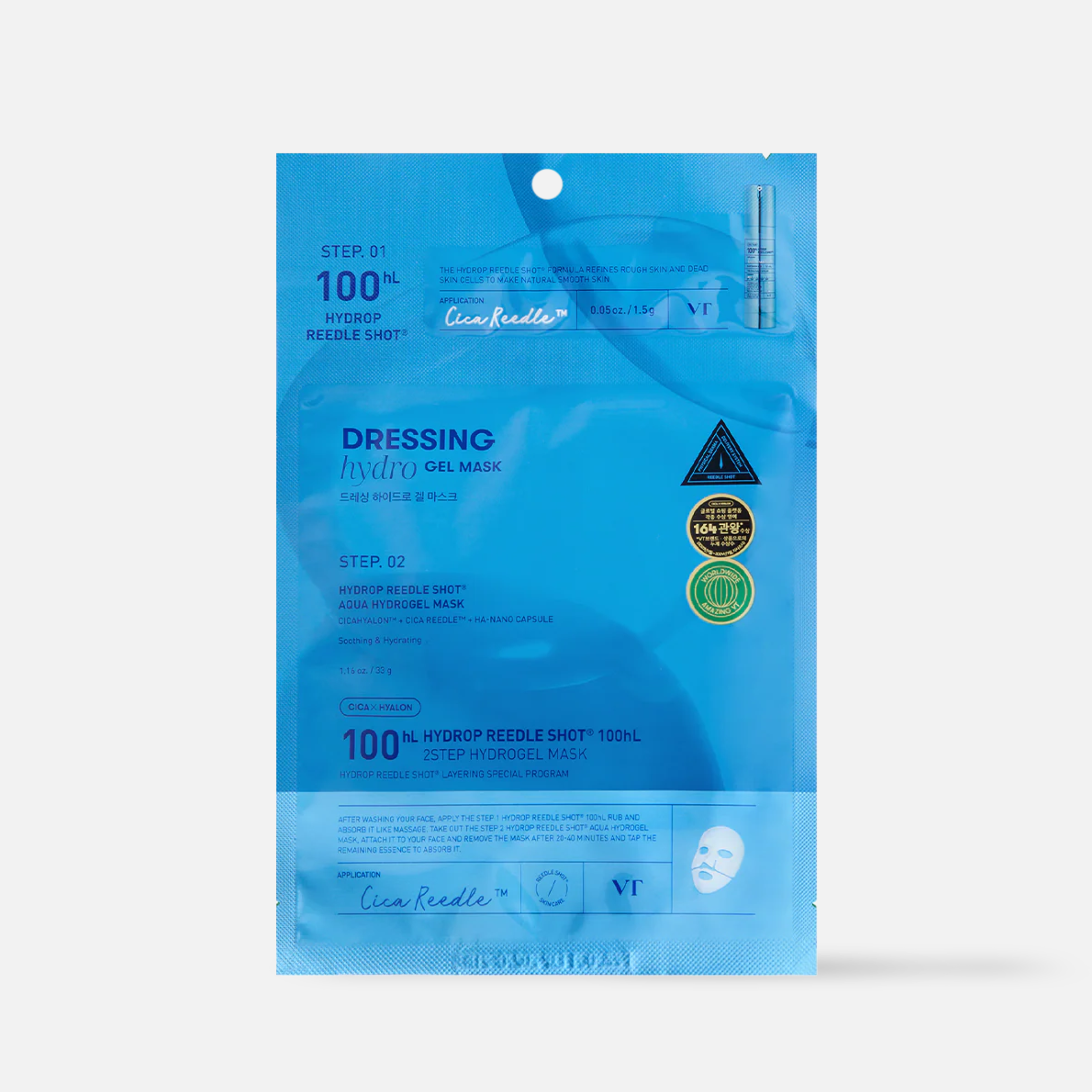 VT - Hydrop Reedle Shot 100hL 2Step Hydrogel Mask (1PC) packaging showing an intensive moisture mask.