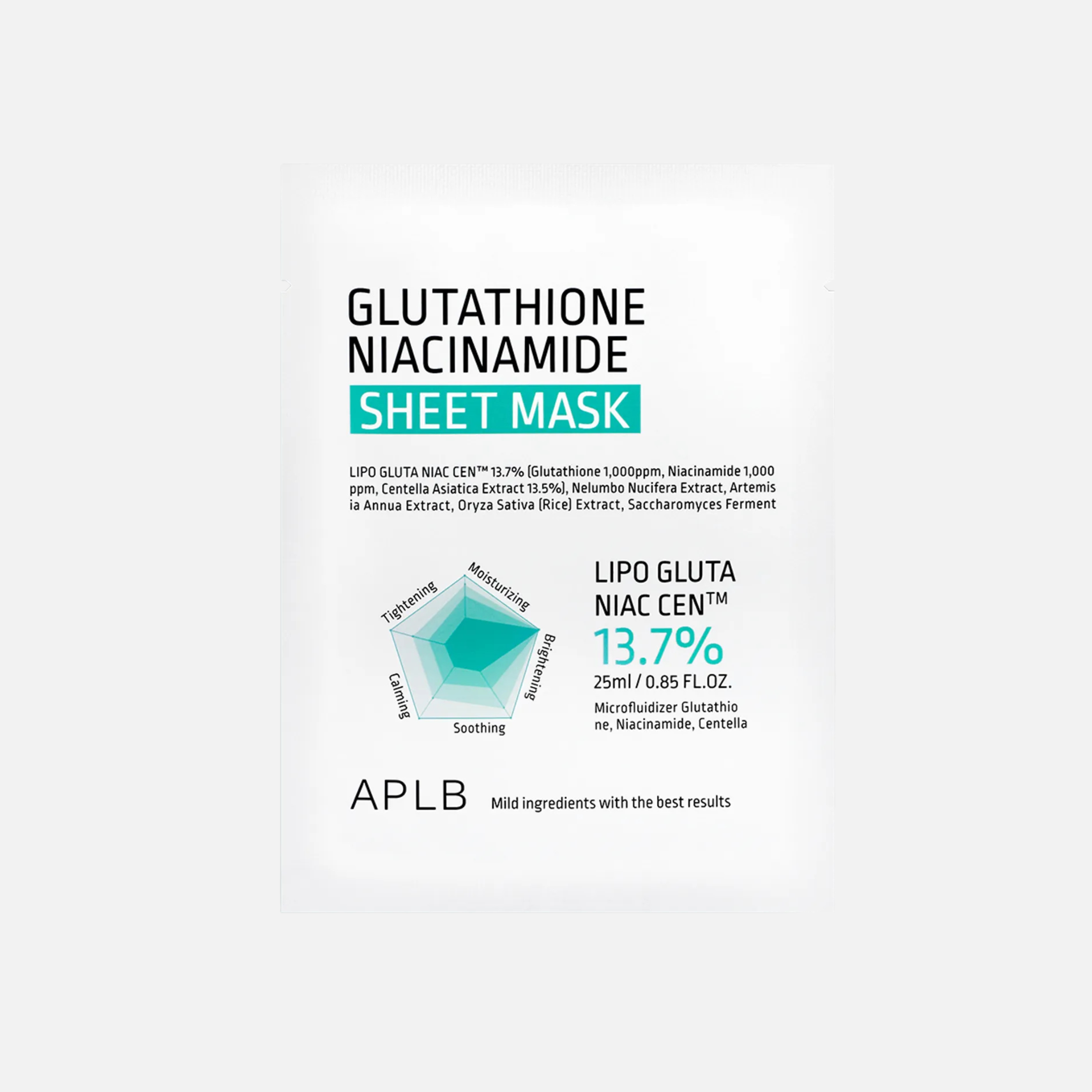 APLB - Glutathione Niacinamide Sheet Mask (1PC) packaging with ingredients and benefits highlighted.