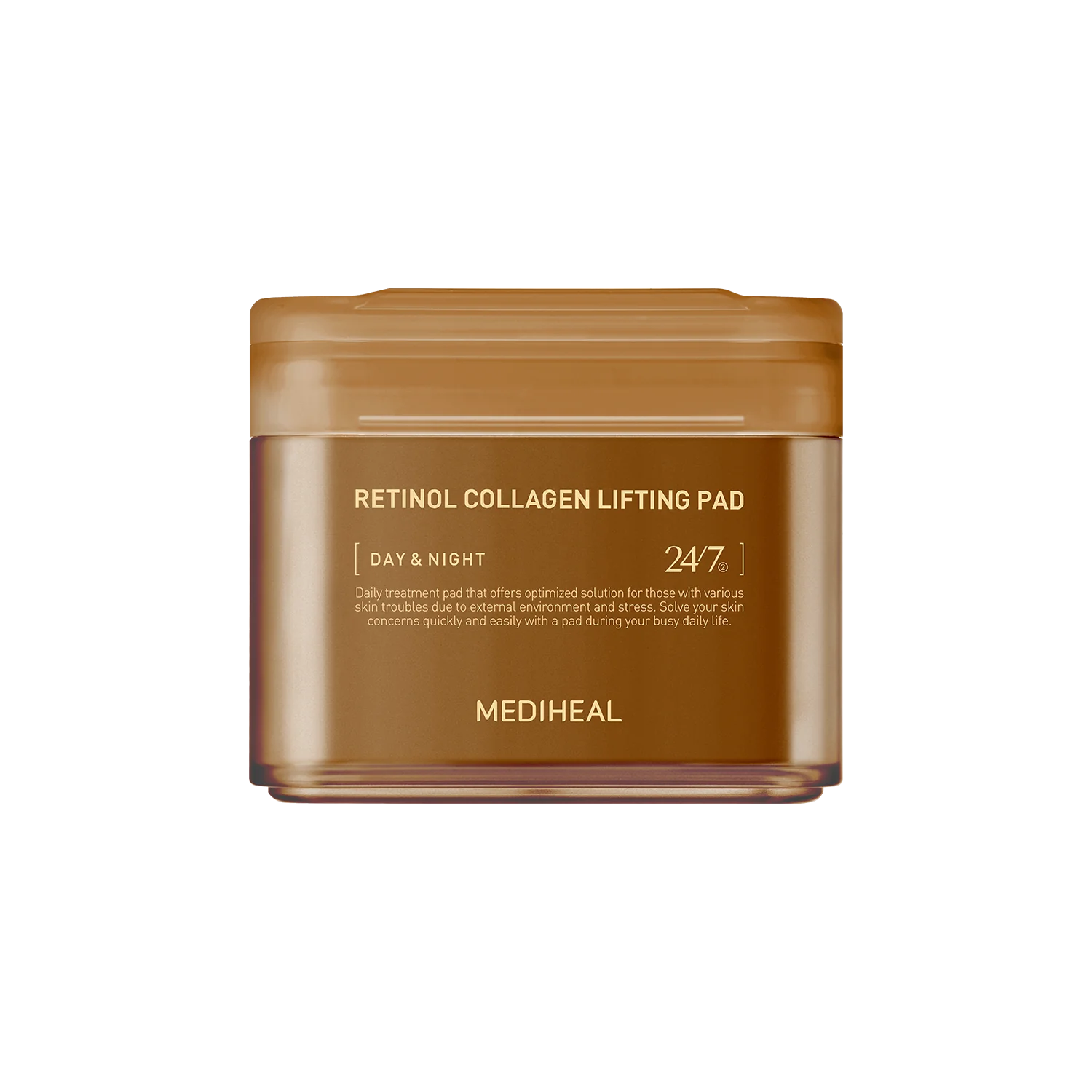 Mediheal Retinol Collagen Lifting Pad jar for firming skin and reducing fine lines, ideal for daily use.