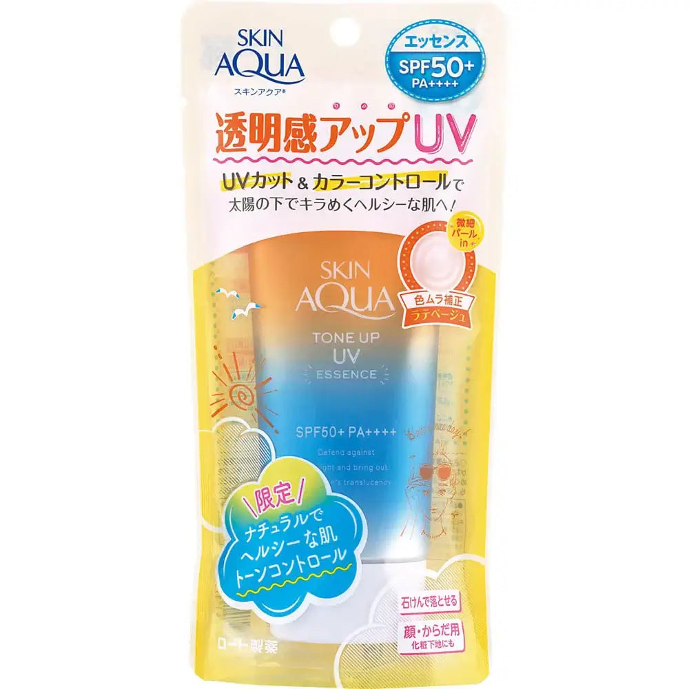 Rohto Skin Aqua Tone Up Essence SPF50+ PA++++ sunscreen packaging with color-correcting formula for illumination.
