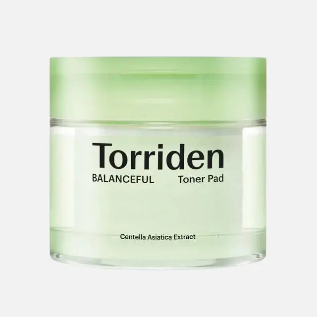 Torriden Balanceful Toner Pad jar with green lid, containing 60 pads infused with Centella Asiatica extract.