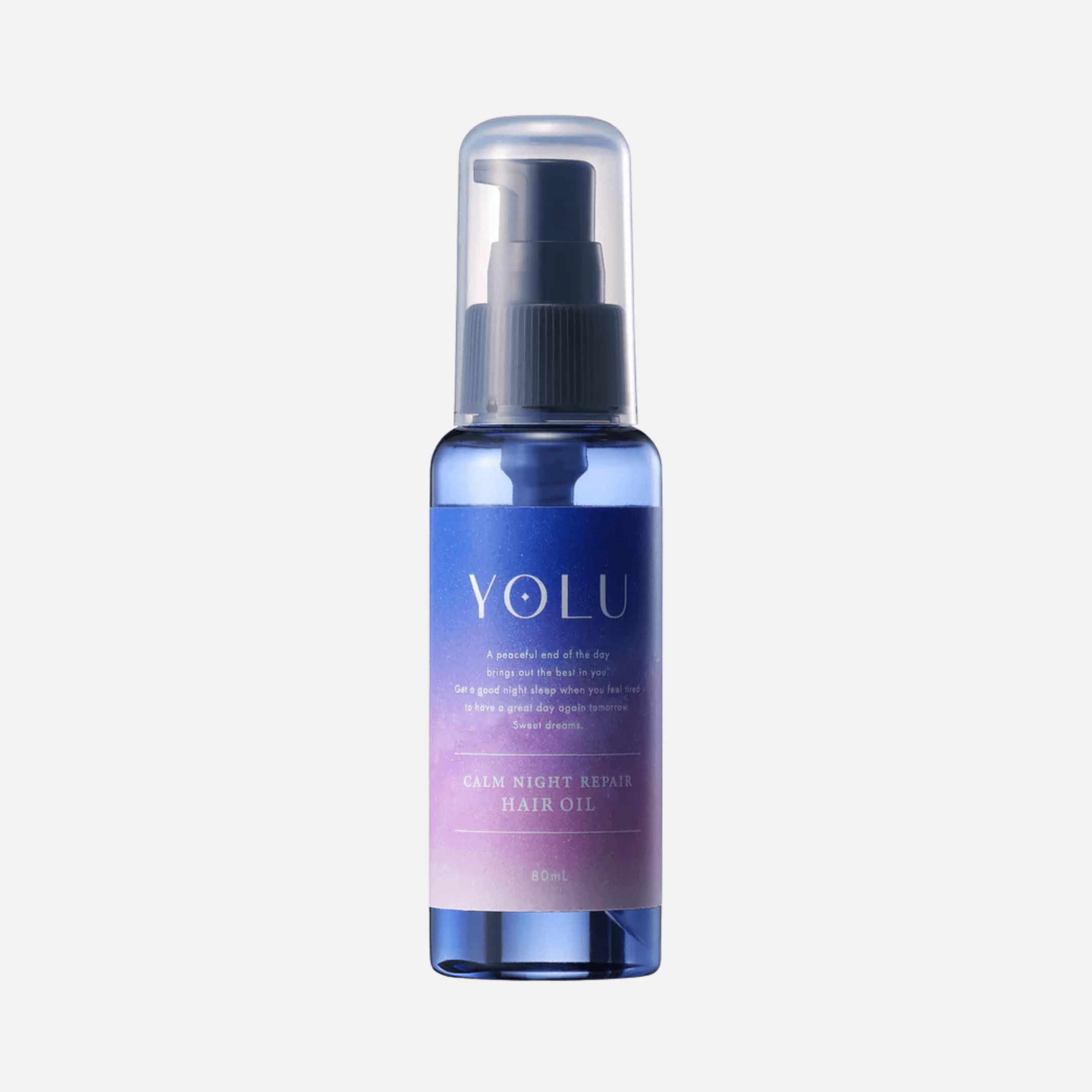 YOLU - Calm Night Repair Hair Oil 80ml in a sleek blue bottle with a pump dispenser for easy application.