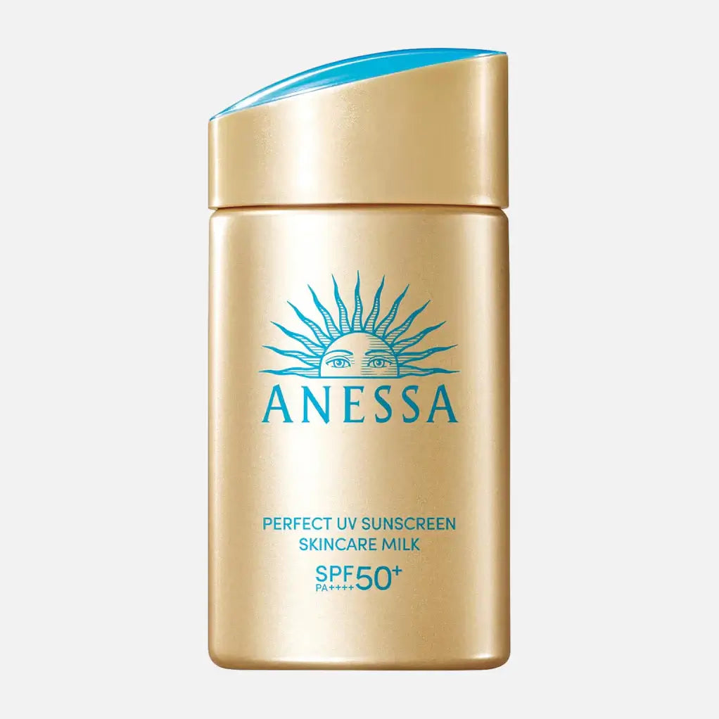 Shiseido Anessa Perfect UV Sunscreen Skincare Milk SPF 50+ in a gold bottle, ideal for UV protection and outdoor activities.