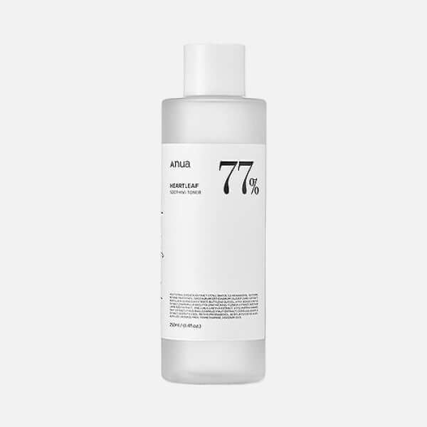 Anua Heartleaf 77% Soothing Toner in a clear bottle, formulated to hydrate and balance skin for all skin types.