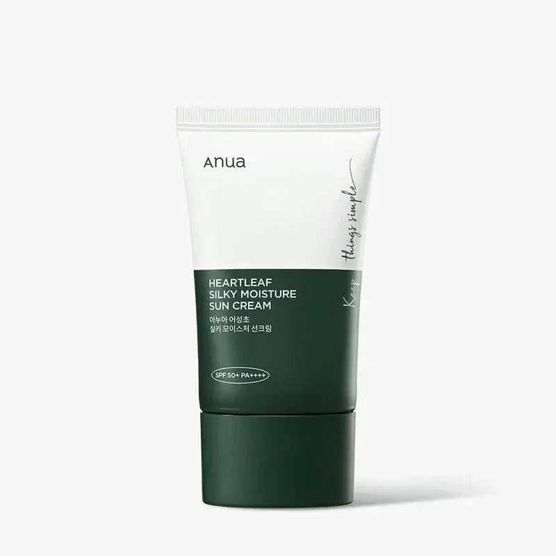 Anua Heartleaf Silky Moisture Sun Cream tube with SPF50+ and soothing Heartleaf extract for daily use.