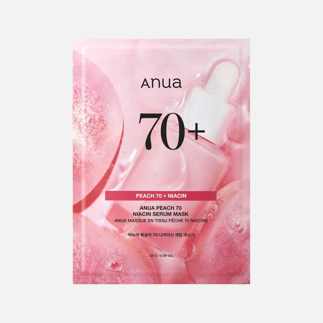 Anua - Peach 70 Niacin Serum Mask (1PC) packaging with peach and serum visuals for skin nourishment.