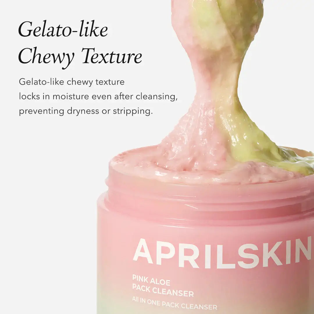 APRILSKIN Pink Aloe Pack Cleanser with gelato-like chewy texture prevents dryness while cleansing and hydrating skin.