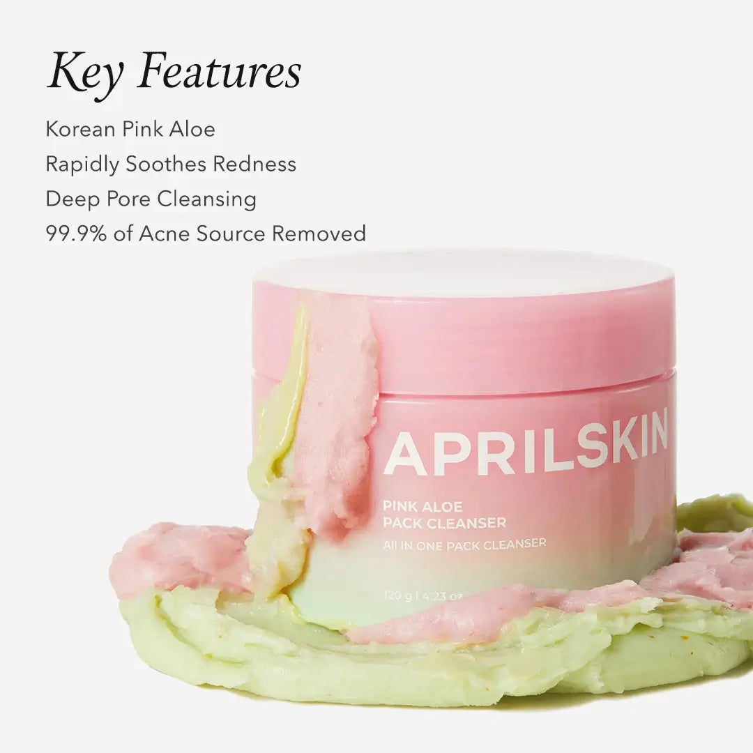 APRILSKIN Pink Aloe Pack Cleanser jar showcasing key features like deep pore cleansing and soothing redness.
