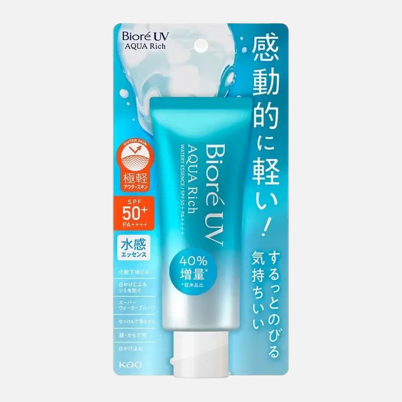 Biore UV Aqua Rich Watery Essence Sunscreen SPF 50+ in a blue tube with a refreshing design, ideal for hydration and UV protection.