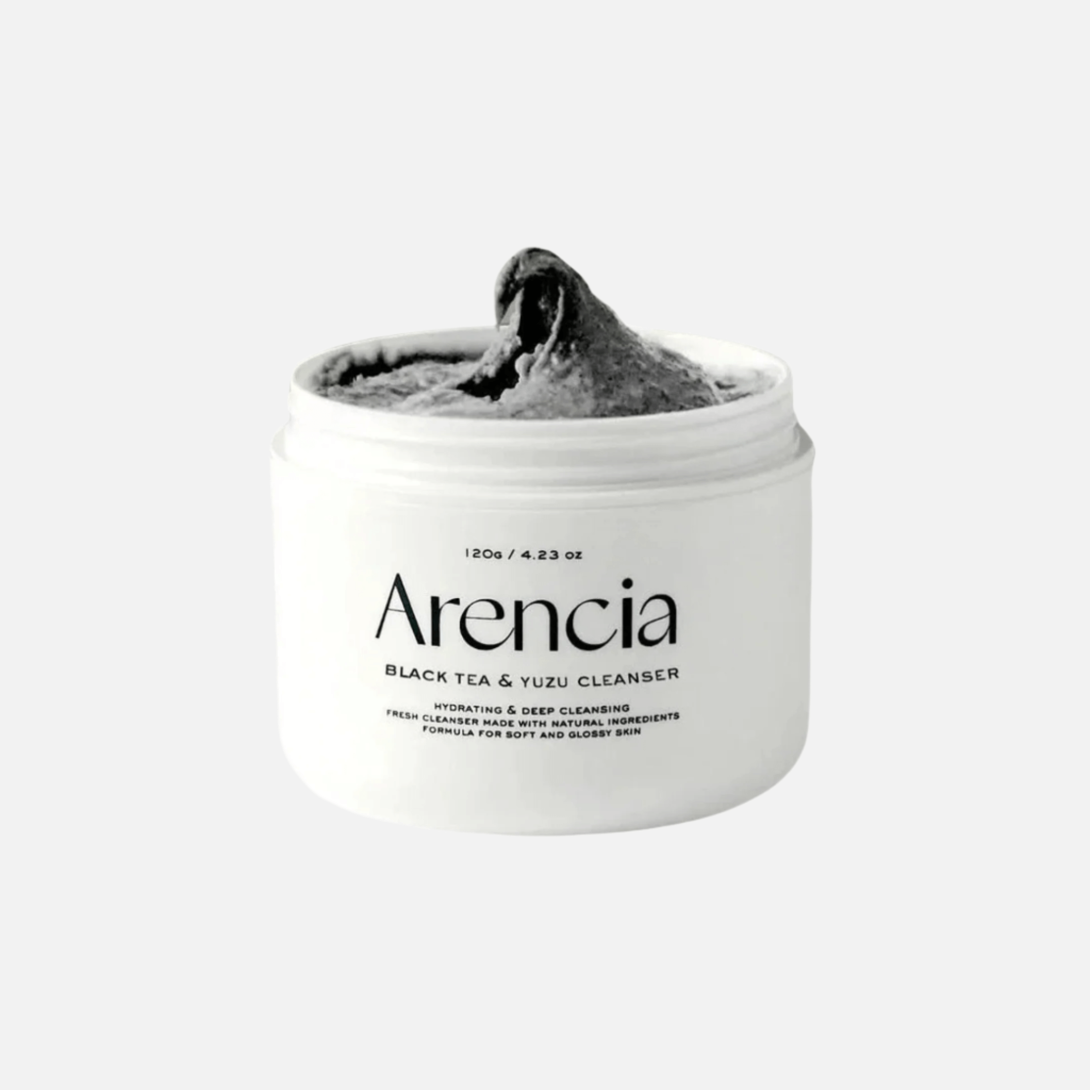 Arencia - Fresh Black Tea & Yuzu Mochi Cleanser 120g in a jar with black tea and yuzu color texture.