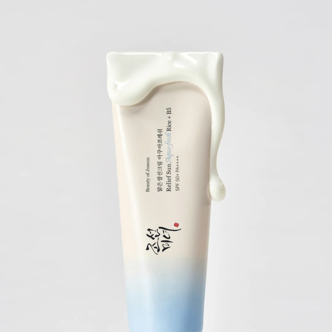 Beauty of Joseon Relief Sun Aqua-Fresh sunscreen tube with creamy texture, highlighting its hydrating properties and UV protection.
