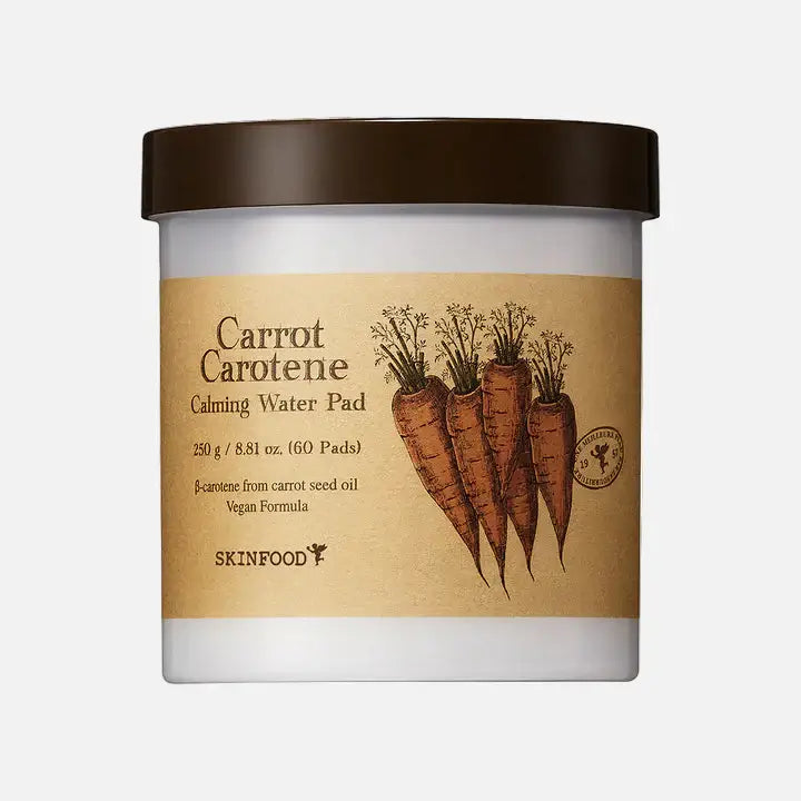 SKINFOOD Carrot Carotene Calming Water Pad container with 60 soothing pads for sensitive skin relief.