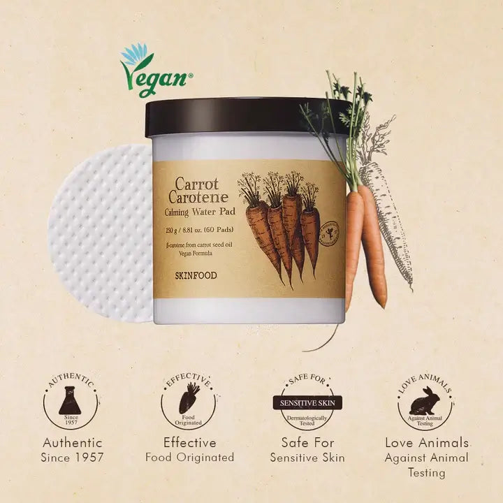 SKINFOOD Carrot Carotene Calming Water Pad, vegan skincare for sensitive skin, 60 soothing pads with carrot extract.