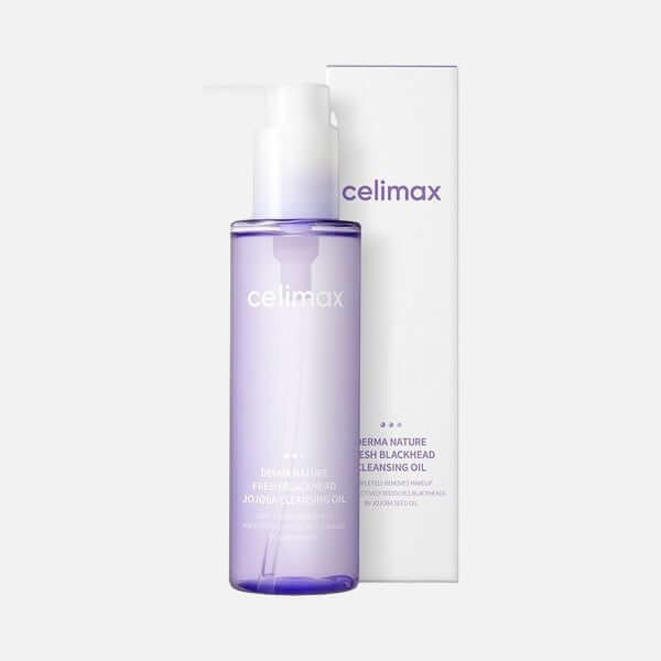 Celimax Derma Nature Fresh Blackhead Jojoba Cleansing Oil 150ml in a purple bottle with a pump design.