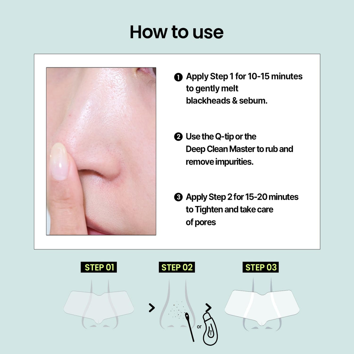 Instructions for using ilso Natural Mild Clear Nose Pack to remove blackheads and cleanse pores.
