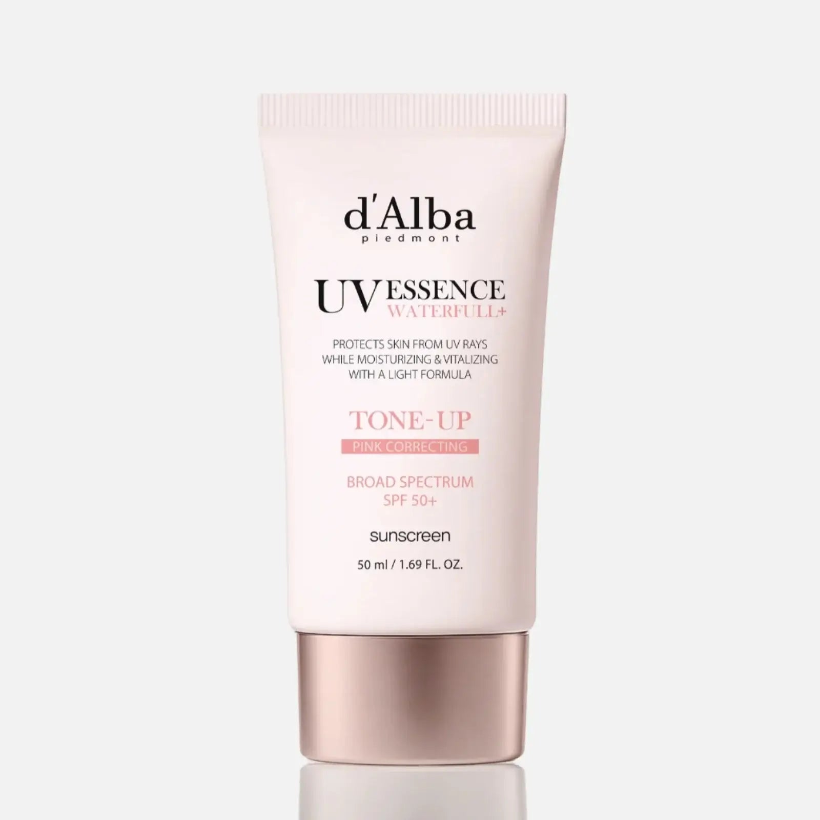 d'Alba - White Truffle Waterfull Tone-Up Sunscreen SPF 50+ in a tube with a light formula for hydration and UV protection.