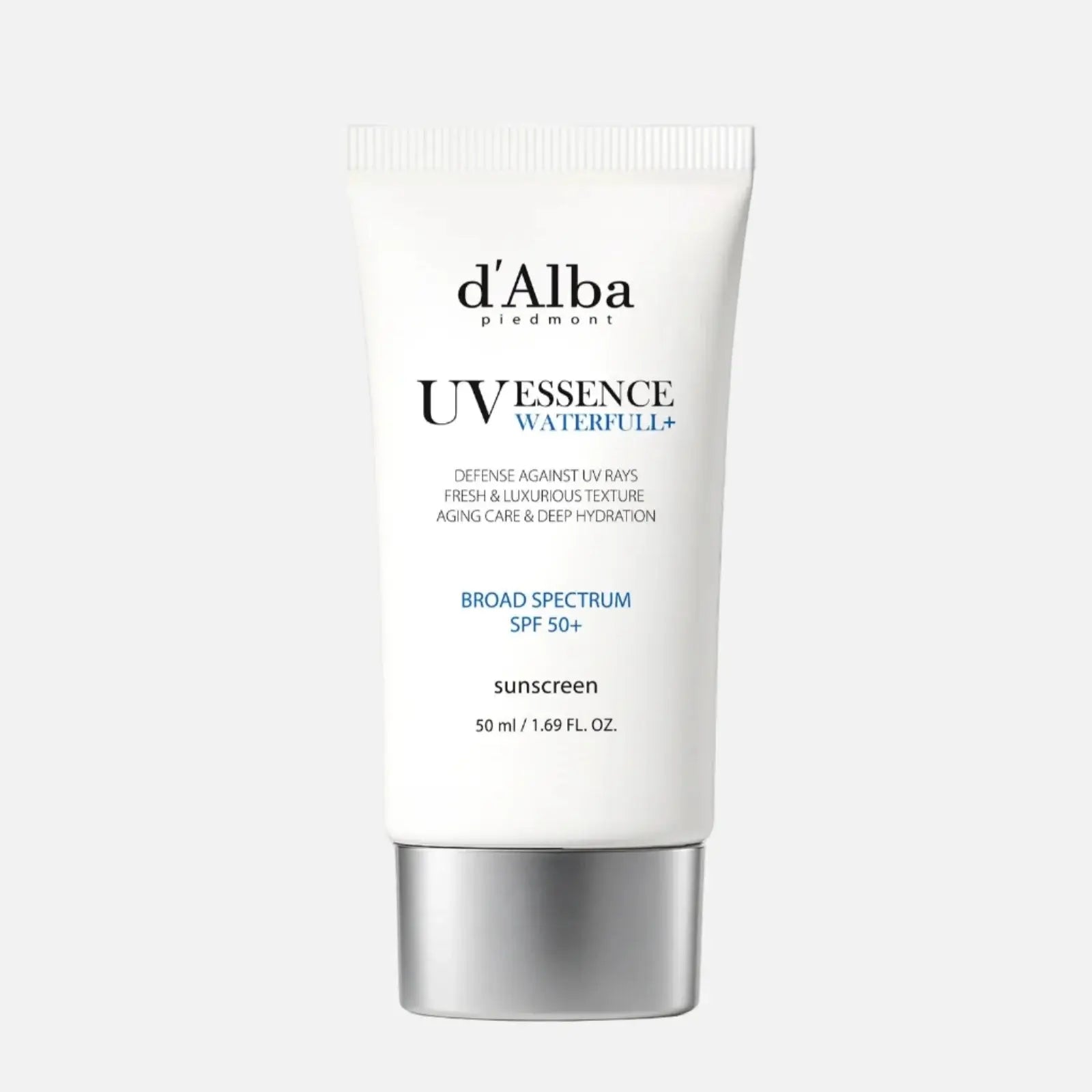 d'Alba - Waterfull Essence Sun Cream 50ml in a tube, offering SPF 50 protection and hydration for daily use.